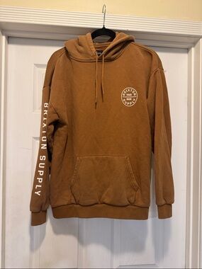 Brixton Chest Logo Brown Pullover Hoodie with Sleeve Script